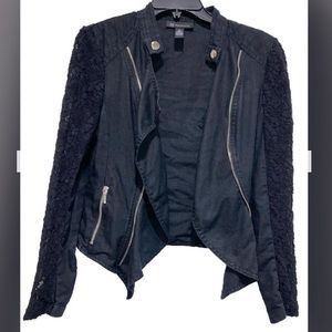 INC black linen fitted jacket with black lace sleeves, size M.